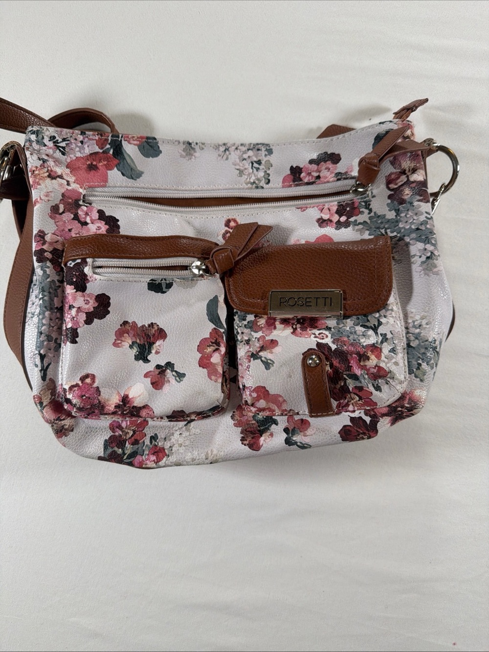 Rosetti Floral Crossbody Bag in White and Brown with Pink Accents